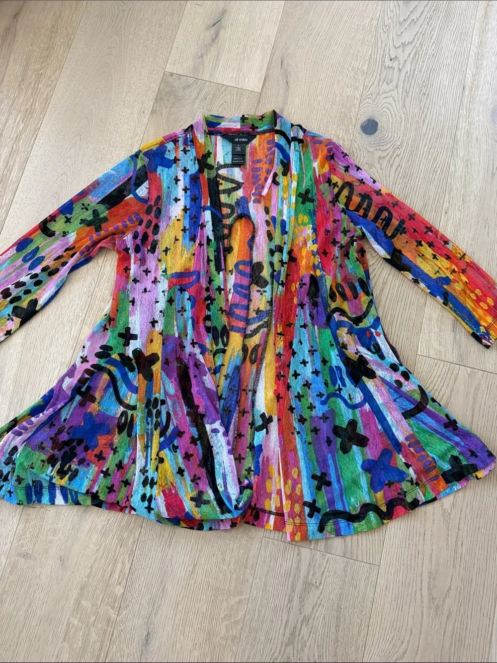 Ali Miles Open Front Cardigan Sheer Mesh Duster Abstract Art Print Size Small - Picture 2 of 5